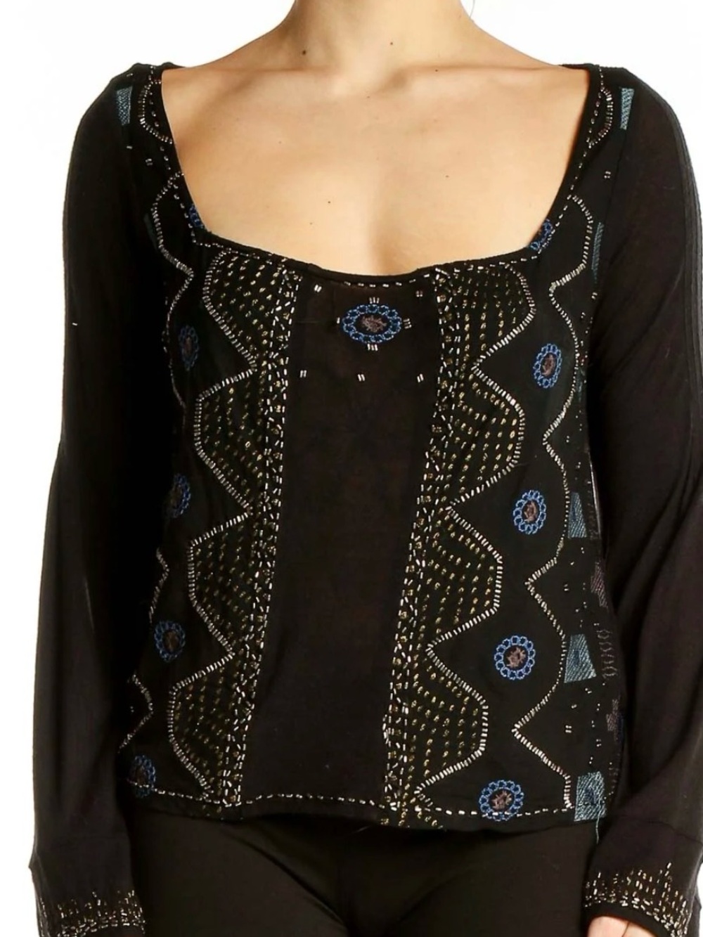 Free People Black Beaded Bell Sleeve Boho Blouse Top Square Neck Sz XS - Picture 10 of 10